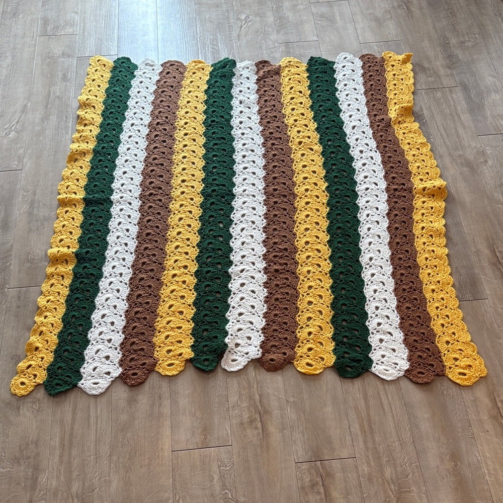 Handmade Throw Blanket Yellow Brown Green and White 48 x 56